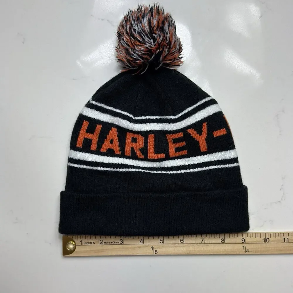 Harley Davidson Knit Beanie Hat Black Orange Spell Out Cuffed Winter Cap